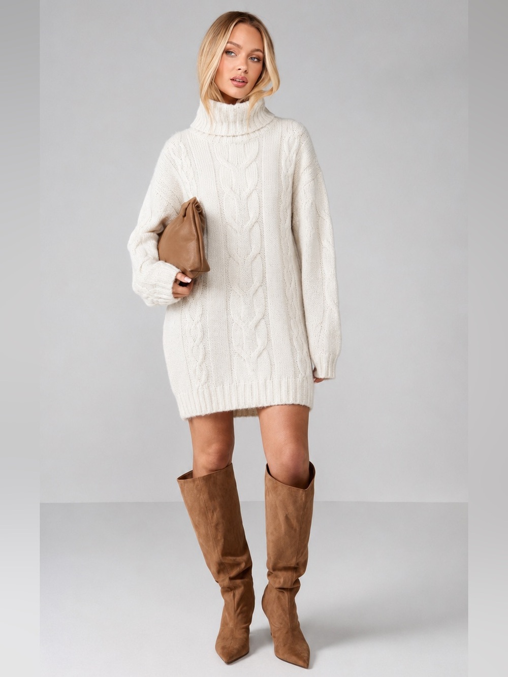 JustFab Cream Cable Knit Turtleneck Sweater Dress